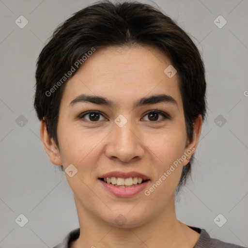 Joyful white young-adult female with medium  brown hair and brown eyes