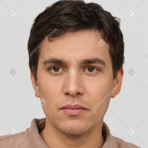 Neutral white young-adult male with short  brown hair and brown eyes