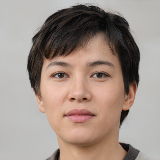 Neutral asian young-adult female with short  brown hair and brown eyes