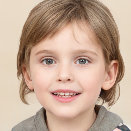 Joyful white child female with medium  brown hair and grey eyes