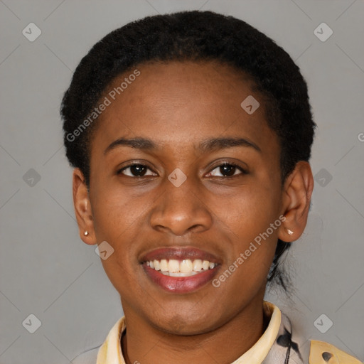 Joyful latino young-adult female with short  black hair and brown eyes