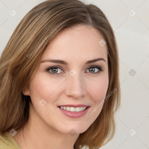 Joyful white young-adult female with medium  brown hair and green eyes