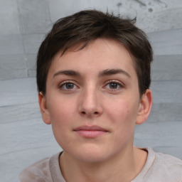 Neutral white young-adult female with short  brown hair and brown eyes