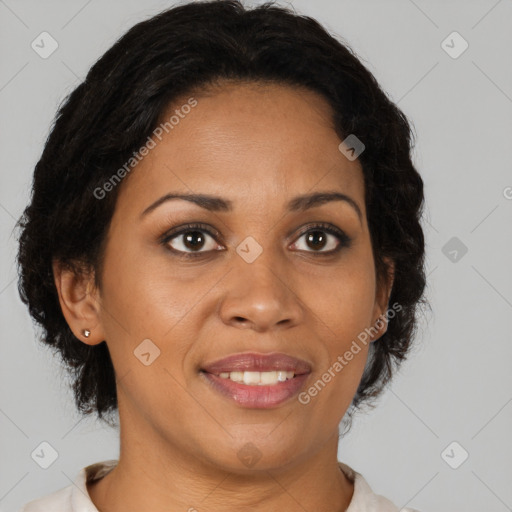 Joyful latino adult female with medium  brown hair and brown eyes