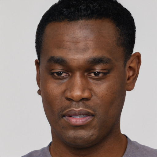 Neutral black young-adult male with short  black hair and brown eyes