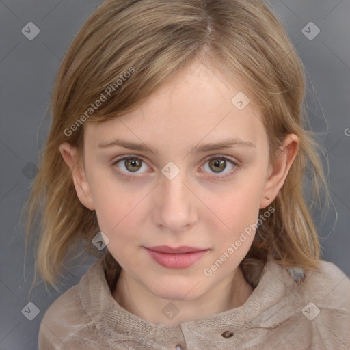 Joyful white child female with medium  brown hair and grey eyes