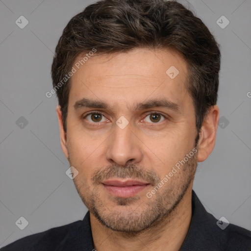 Neutral white adult male with short  brown hair and brown eyes