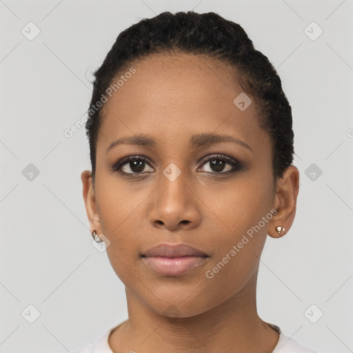 Neutral black young-adult female with short  black hair and brown eyes