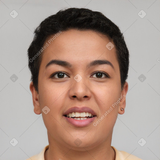 Joyful latino young-adult female with short  brown hair and brown eyes