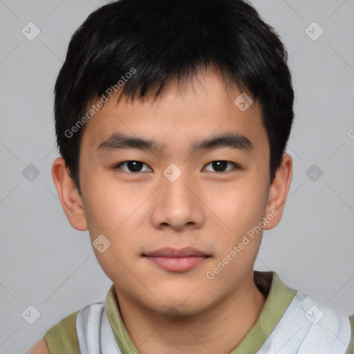 Neutral asian young-adult male with short  brown hair and brown eyes