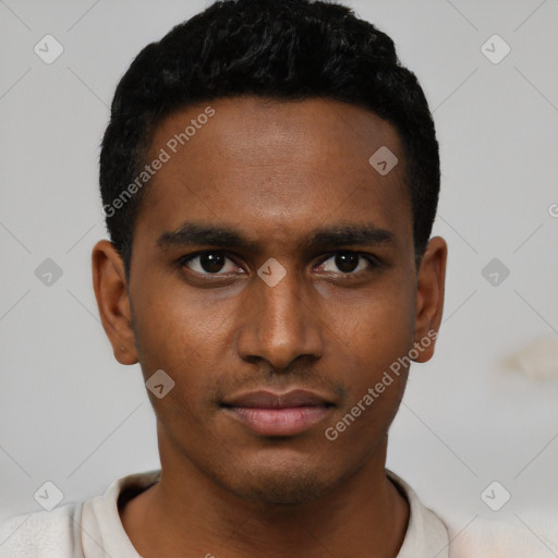 Neutral black young-adult male with short  black hair and brown eyes