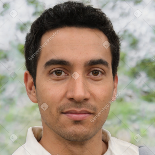 Joyful asian young-adult male with short  brown hair and brown eyes