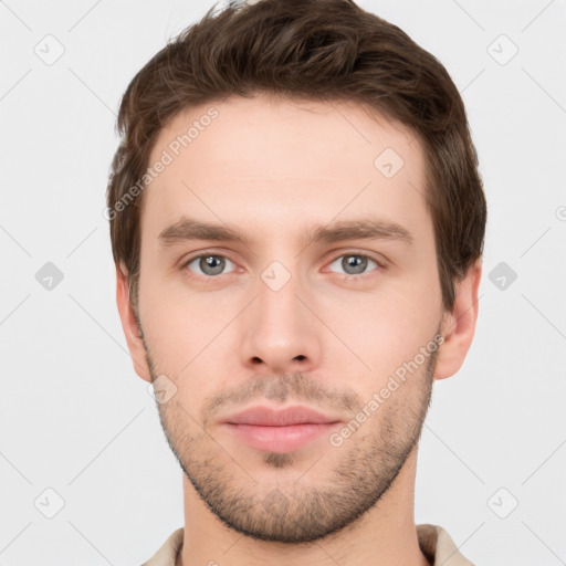 Neutral white young-adult male with short  brown hair and grey eyes