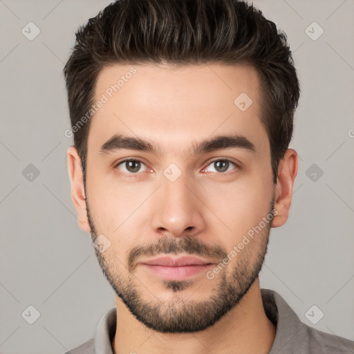 Neutral white young-adult male with short  brown hair and brown eyes