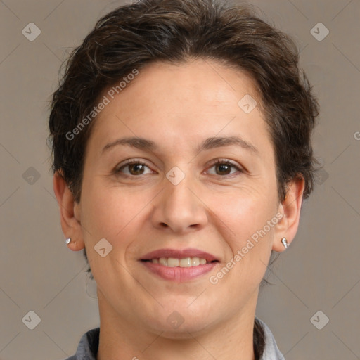 Joyful white adult female with short  brown hair and brown eyes