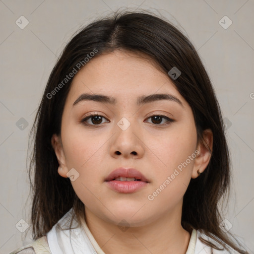 Neutral white young-adult female with medium  brown hair and brown eyes