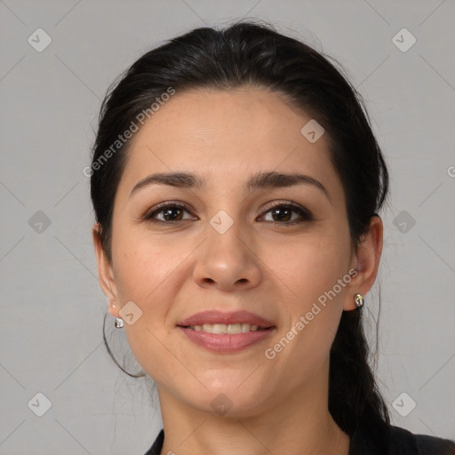 Joyful white young-adult female with medium  brown hair and brown eyes