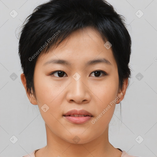 Neutral asian young-adult female with medium  brown hair and brown eyes