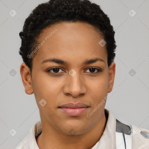 Joyful latino young-adult female with short  black hair and brown eyes