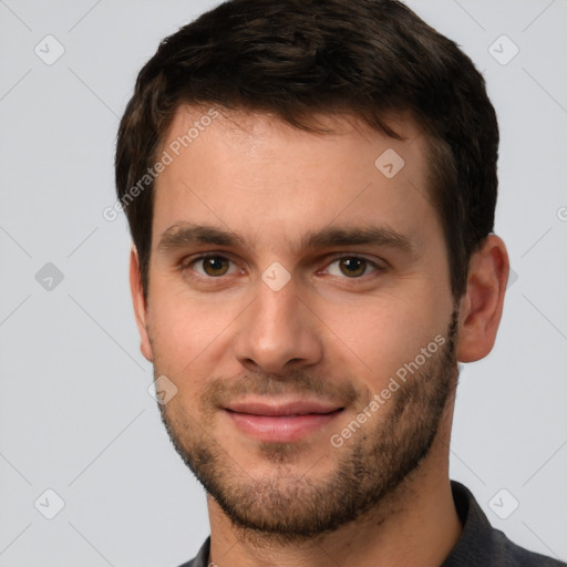 Joyful white young-adult male with short  brown hair and brown eyes