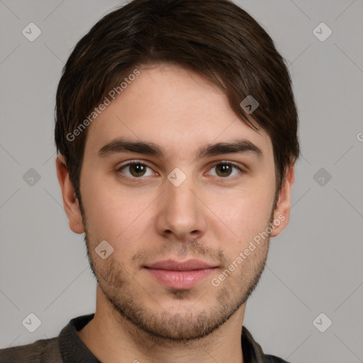 Neutral white young-adult male with short  brown hair and brown eyes