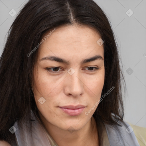 Neutral white young-adult female with medium  brown hair and brown eyes