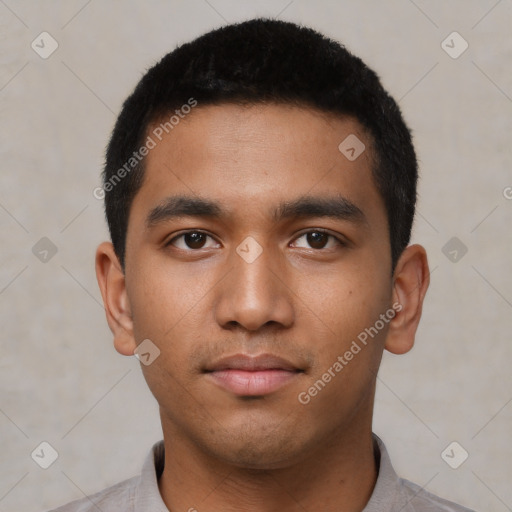 Neutral latino young-adult male with short  black hair and brown eyes