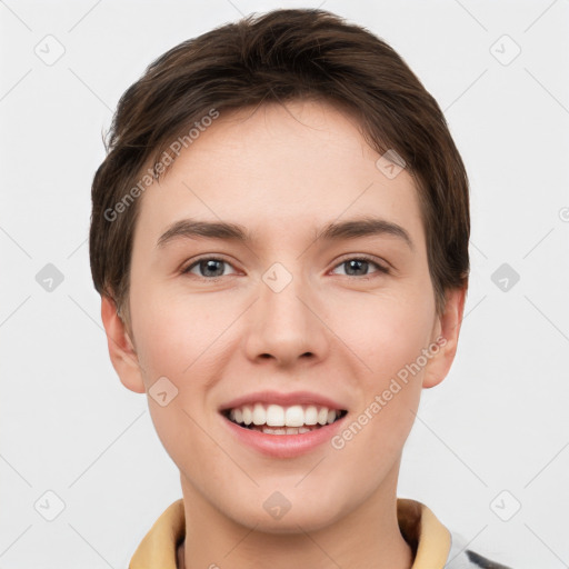 Joyful white young-adult female with short  brown hair and brown eyes