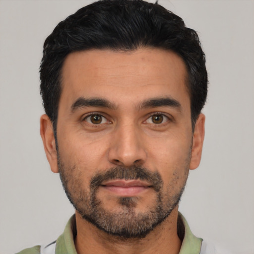 Neutral latino young-adult male with short  black hair and brown eyes