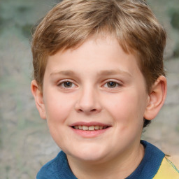 Joyful white child male with short  brown hair and grey eyes