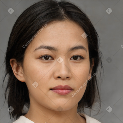 Neutral asian young-adult female with medium  brown hair and brown eyes