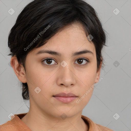 Neutral white young-adult female with medium  brown hair and brown eyes