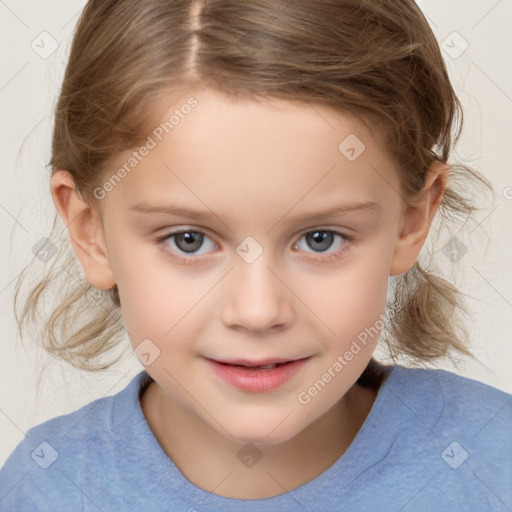 Joyful white child female with medium  brown hair and grey eyes