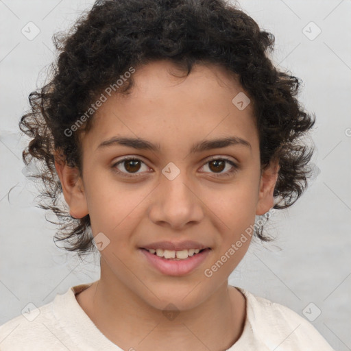 Joyful white child female with short  brown hair and brown eyes