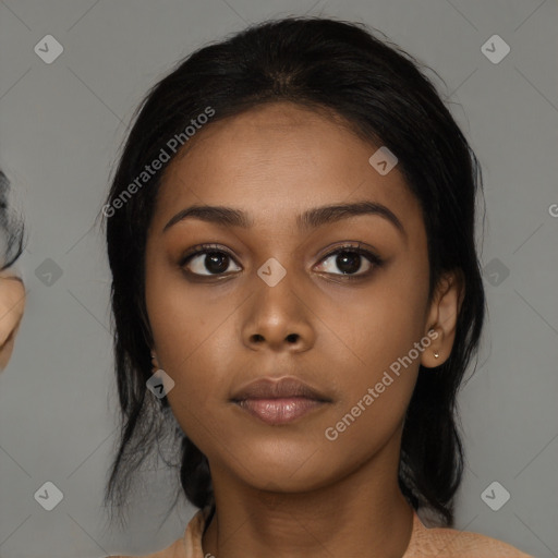 Neutral asian young-adult female with medium  black hair and brown eyes