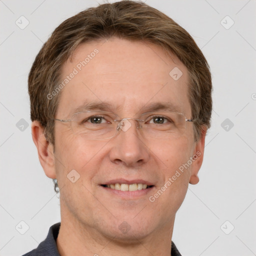 Joyful white adult male with short  brown hair and grey eyes