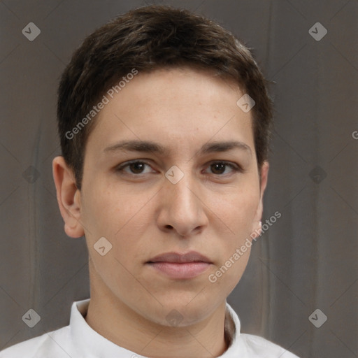 Neutral white young-adult male with short  brown hair and brown eyes