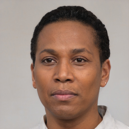 Neutral latino adult male with short  black hair and brown eyes