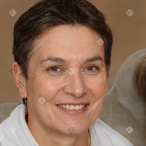 Joyful white adult female with short  brown hair and brown eyes