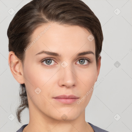 Neutral white young-adult female with short  brown hair and brown eyes