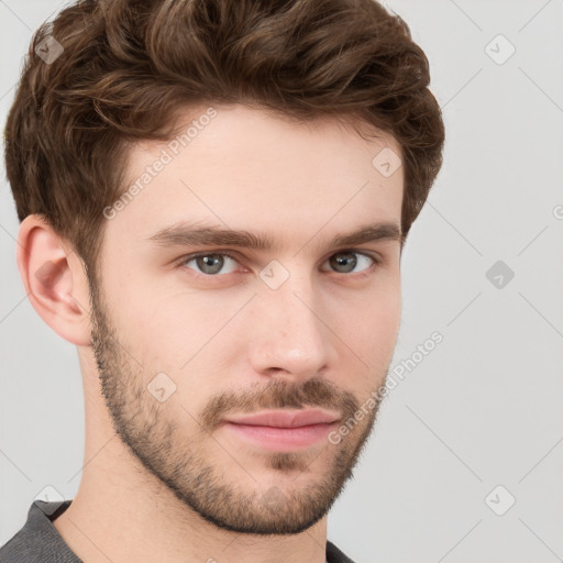 Neutral white young-adult male with short  brown hair and grey eyes