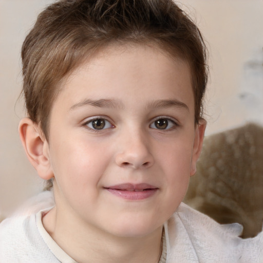 Joyful white child female with short  brown hair and brown eyes