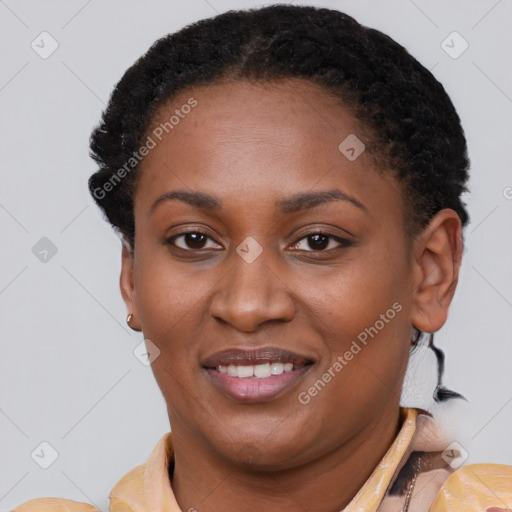 Joyful latino young-adult female with short  brown hair and brown eyes