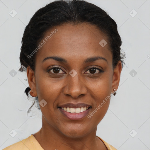 Joyful black young-adult female with short  brown hair and brown eyes