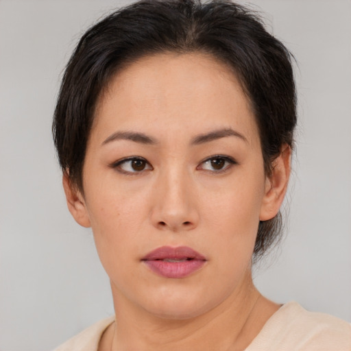 Neutral asian young-adult female with short  brown hair and brown eyes