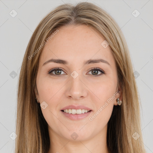 Joyful white young-adult female with long  brown hair and brown eyes