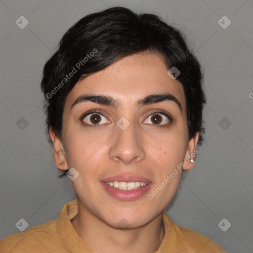 Joyful white young-adult female with short  brown hair and brown eyes