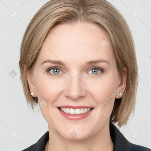 Joyful white young-adult female with medium  brown hair and blue eyes