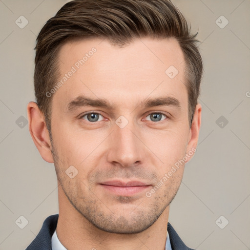 Neutral white young-adult male with short  brown hair and grey eyes