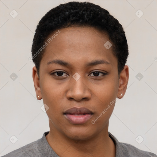 Neutral black young-adult female with short  black hair and brown eyes